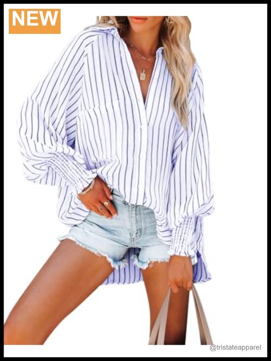 Tops - Women's Cotton Blend Striped Button Down Shirt Long Sleeve V Neck Blouse